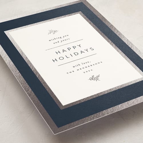 This is a navy foil pressed holiday cards with foil pressed by Carolyn Nicks called legacy printing on signature in standard