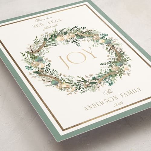 This is a wintermint foil pressed holiday cards with foil pressed by Susan Moyal called peace, love & hope printing on signature in standard