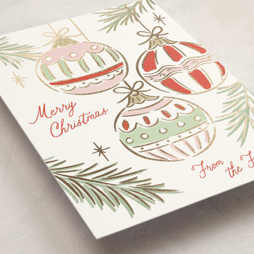 This is a festive foil pressed holiday cards with foil pressed by Erin German called bright ornaments printing on signature in standard