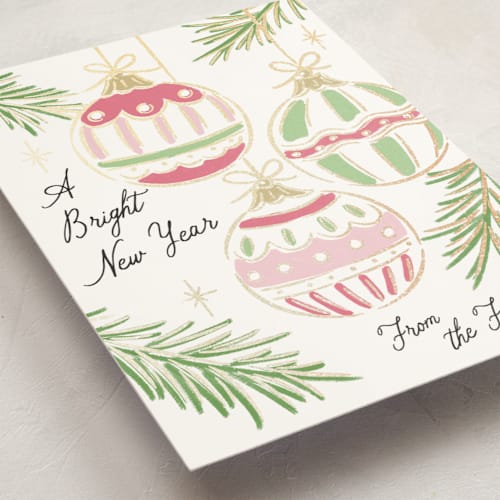 This is a gumdrop foil pressed holiday cards with foil pressed by Erin German called bright ornaments printing on signature in standard