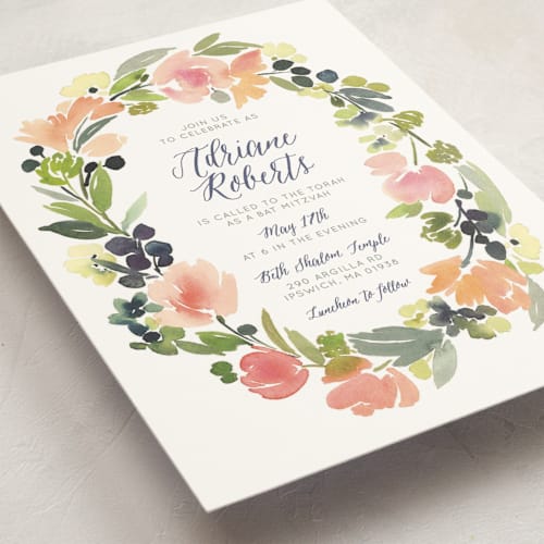 This is a grapefruit bar mitzvah bat mitzvah invitations with standard by Yao Cheng Design called watercolor wreath printing on signature in standard