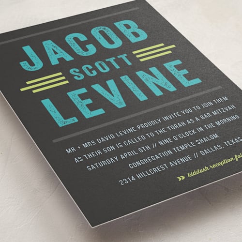 This is a charcoal bar mitzvah bat mitzvah invitations with standard by Rebecca Bowen called namely printing on signature in standard