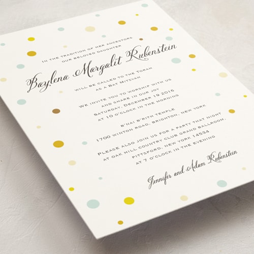 This is a spring bar mitzvah bat mitzvah invitations with standard by Up Up Creative called sweet and solemn printing on signature in standard