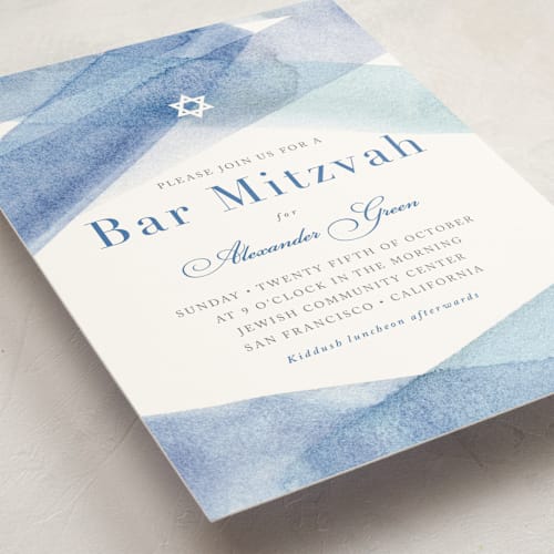 This is a ocean bar mitzvah bat mitzvah invitations with standard by Shannon Chen of Four Wet Feet Studio called watercolor stripes printing on signature in standard