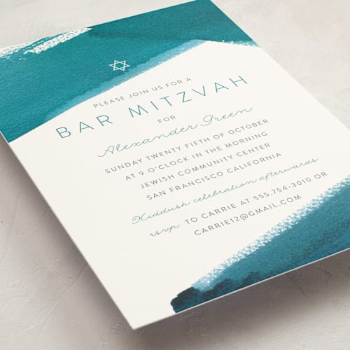 This is a teal bar mitzvah bat mitzvah invitations with standard by Shannon Chen of Four Wet Feet Studio called minimal abstract printing on signature in standard