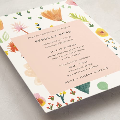 This is a peach bar mitzvah bat mitzvah invitations with standard by Erika Firm called spring gardens printing on signature in standard