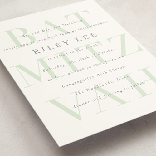 This is a mint bar mitzvah bat mitzvah invitations with standard by Jackie Crawford called bold mitzvah printing on signature in standard
