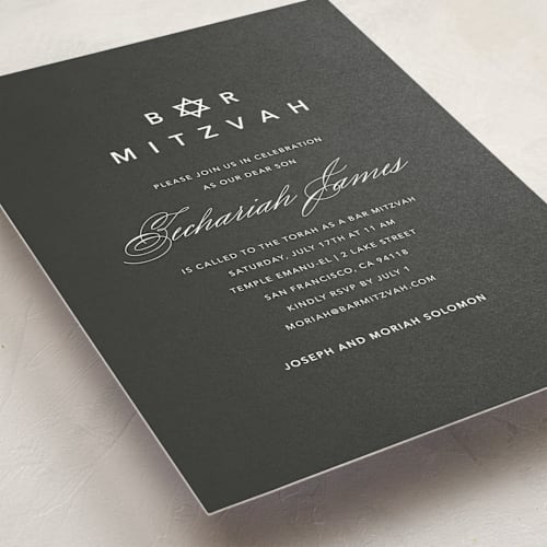 This is a charcoal bar mitzvah bat mitzvah invitations with standard by Lori James called sophisticated elegance printing on signature in standard