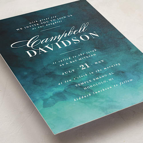 This is a carribean bar mitzvah bat mitzvah invitations with standard by Kelly Schmidt called indigo sea printing on signature in standard