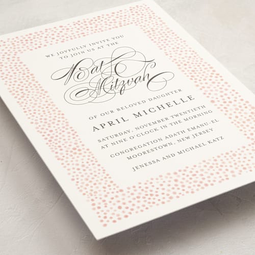 This is a coral bar mitzvah bat mitzvah invitations with standard by Amy Payne called dotted frame printing on signature in standard