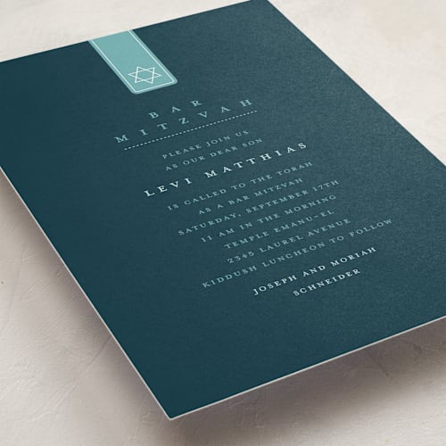This is a teal bar mitzvah bat mitzvah invitations with standard by Lori James called star of david label printing on signature in standard