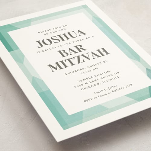 This is a mint bar mitzvah bat mitzvah invitations with standard by Robert and Stella called modern star printing on signature in standard