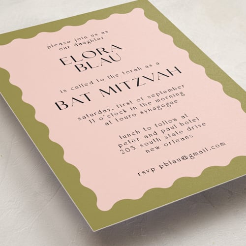 This is a olive bar mitzvah bat mitzvah invitations with standard by Pati Cascino called scallop printing on signature in standard