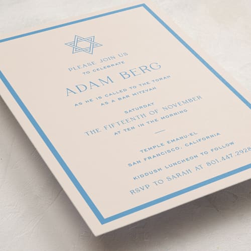 This is a bluebell bar mitzvah bat mitzvah invitations with standard by Megan Davis called racquet printing on signature in standard