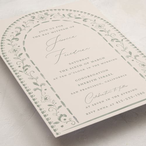 This is a sage bar mitzvah bat mitzvah invitations with standard by Meagan Christensen called talavera printing on signature in standard