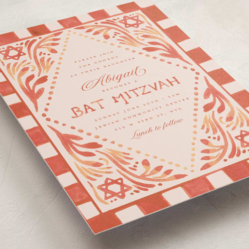 This is a citrus bar mitzvah bat mitzvah invitations with standard by Teju Reval called painted mitzvah printing on signature in standard