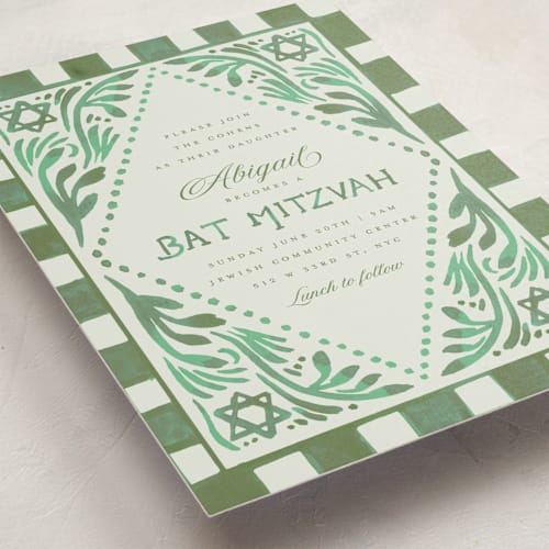 This is a forest bar mitzvah bat mitzvah invitations with standard by Teju Reval called painted mitzvah printing on signature in standard