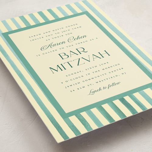 This is a forest bar mitzvah bat mitzvah invitations with standard by Teju Reval called painted stripes printing on signature in standard
