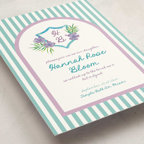 This is a grape bar mitzvah bat mitzvah invitations with standard by Claudia Orengo called beach club printing on signature in standard