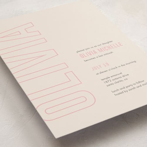 This is a peony bar mitzvah bat mitzvah invitations with standard by Ilene Guy called bold name printing on signature in standard