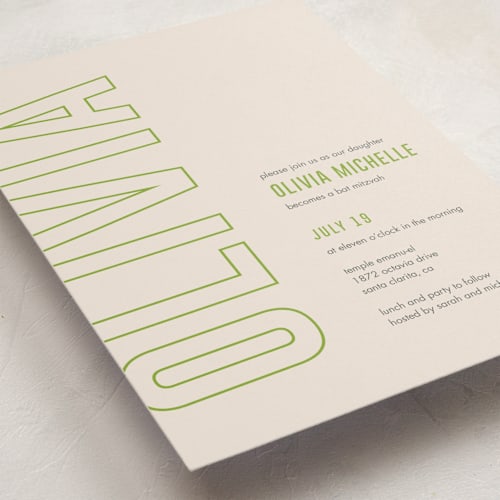 This is a grass bar mitzvah bat mitzvah invitations with standard by Ilene Guy called bold name printing on signature in standard