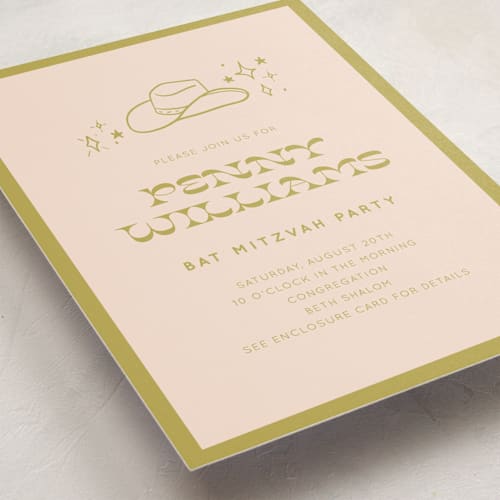 This is a lime bar mitzvah bat mitzvah invitations with standard by Rachel Cassel called cowgirl printing on signature in standard