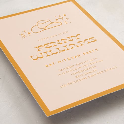 This is a peach bar mitzvah bat mitzvah invitations with standard by Rachel Cassel called cowgirl printing on signature in standard