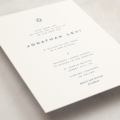 This is a navy bar mitzvah bat mitzvah invitations with standard by Blustery August called celebrate printing on signature in standard