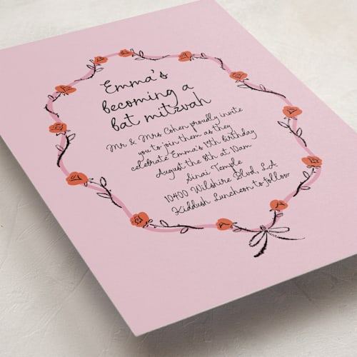 This is a classic bar mitzvah bat mitzvah invitations with standard by mo kelley called rose crest printing on signature in standard