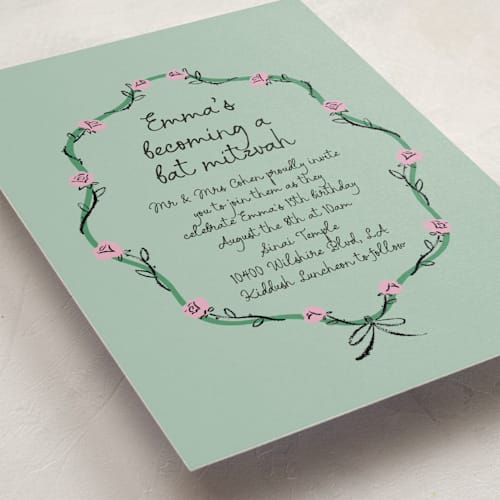 This is a greenery bar mitzvah bat mitzvah invitations with standard by mo kelley called rose crest printing on signature in standard