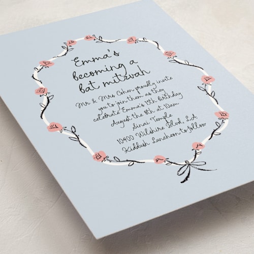 This is a blue cloud bar mitzvah bat mitzvah invitations with standard by mo kelley called rose crest printing on signature in standard