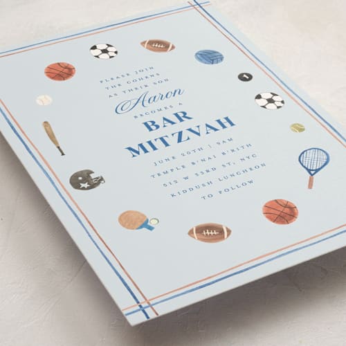 This is a sea bar mitzvah bat mitzvah invitations with standard by Teju Reval called sportsy printing on signature in standard
