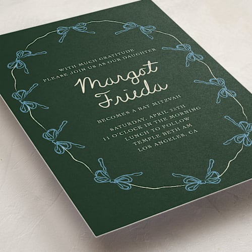 This is a forest bar mitzvah bat mitzvah invitations with standard by Aviva Atri called oval bow wreath bat mitzvah 2 printing on signature in standard