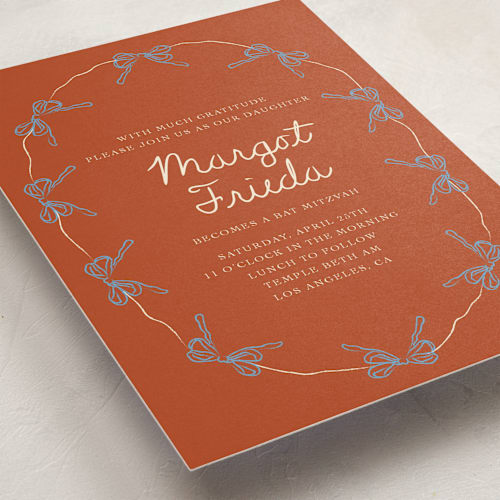 This is a tangerine bar mitzvah bat mitzvah invitations with standard by Aviva Atri called oval bow wreath bat mitzvah 2 printing on signature in standard