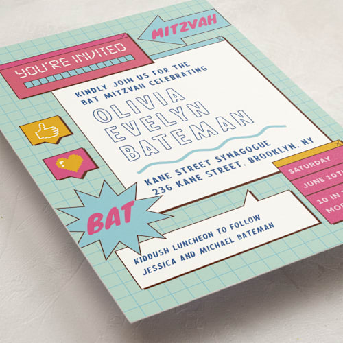 This is a aqua bar mitzvah bat mitzvah invitations with standard by Jennifer Lew called bitmap printing on signature in standard