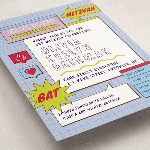 This is a blueberry bar mitzvah bat mitzvah invitations with standard by Jennifer Lew called bitmap printing on signature in standard