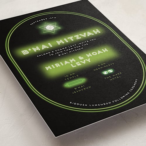 This is a lime bar mitzvah bat mitzvah invitations with standard by Anne Retter - SchoepfergeistArt called neon glow - b’nai / bat / bar mitzvah invitation printing on signature in standard