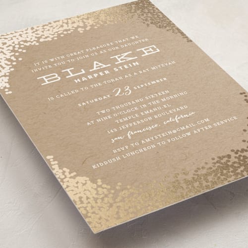 This is a kraft bar mitzvah bat mitzvah invitations with foil pressed by Annie Clark called gold rush printing on signature in standard