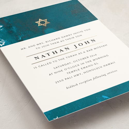 This is a teal bar mitzvah bat mitzvah invitations with foil pressed by Lea Velasquez called modern hue printing on signature in standard