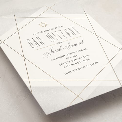This is a gravel bar mitzvah bat mitzvah invitations with foil pressed by Monika Torun called geo mitzvah printing on signature in standard