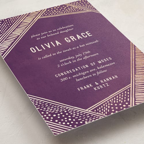 This is a amethyst bar mitzvah bat mitzvah invitations with foil pressed by Pixel and Hank called shimmer and sketch printing on signature in standard