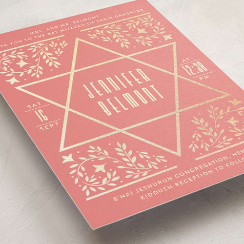 This is a blossom bar mitzvah bat mitzvah invitations with foil pressed by Ana de Sousa called jewish star of david printing on signature in standard