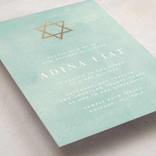 This is a aquamarine bar mitzvah bat mitzvah invitations with foil pressed by Julia Hall called graceful printing on signature in standard
