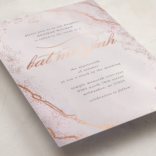This is a lilac bar mitzvah bat mitzvah invitations with foil pressed by Bethany Anderson called marbled mitzvah printing on signature in standard