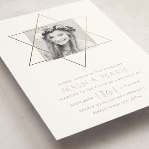 This is a sand bar mitzvah bat mitzvah invitations with foil pressed by Roopali called gold star printing on signature in standard