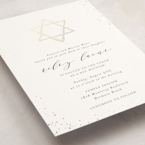 This is a powder bar mitzvah bat mitzvah invitations with foil pressed by Shirley Lin Schneider called golden star of david printing on signature in standard