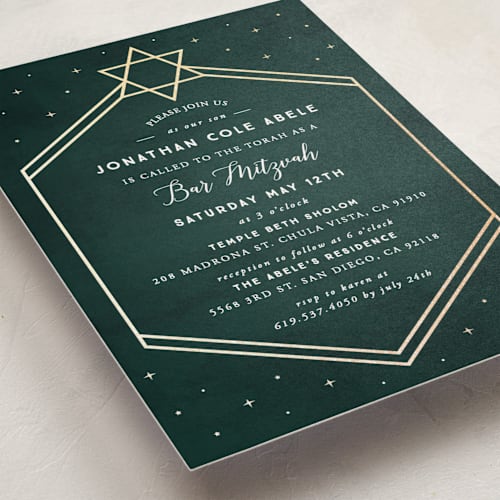 This is a emerald bar mitzvah bat mitzvah invitations with foil pressed by Summer Winkelman called mountain sky printing on signature in standard