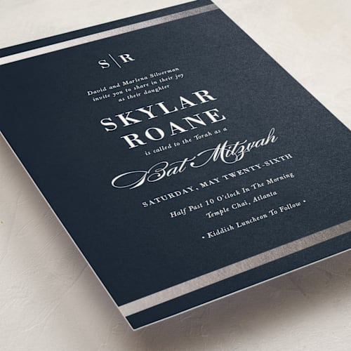 This is a navy bar mitzvah bat mitzvah invitations with foil pressed by Stacey Meacham called classic monogram printing on signature in standard