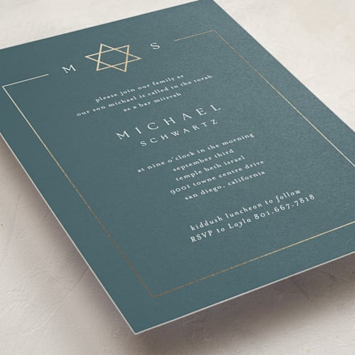 This is a cobalt bar mitzvah bat mitzvah invitations with foil pressed by Kelly Schmidt called framed monogram printing on signature in standard