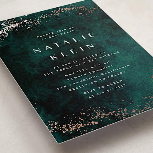 This is a emerald bar mitzvah bat mitzvah invitations with foil pressed by chocomocacino called oponki printing on signature in standard